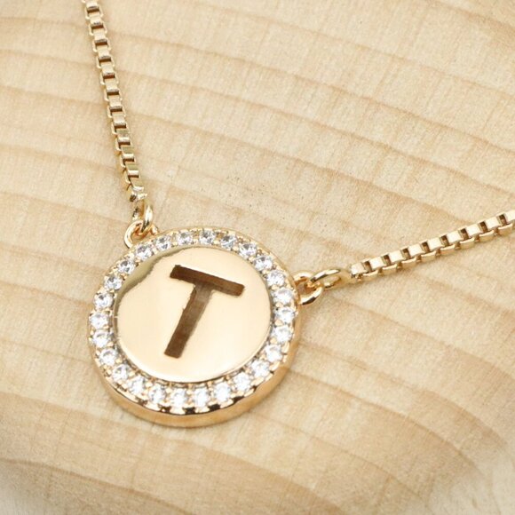 Rose Gold Initial 'T' Pendant Necklace with Sparkling CZ Border, XPNL0400 - Picture 1 of 13